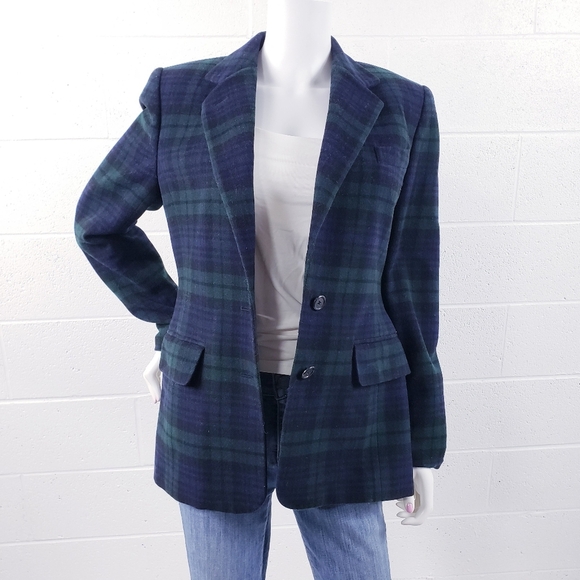Ralph Lauren LRL Tartan Plaid Wool Cashmere Blend Blazer Green Blue Women's 6 - Picture 10 of 14